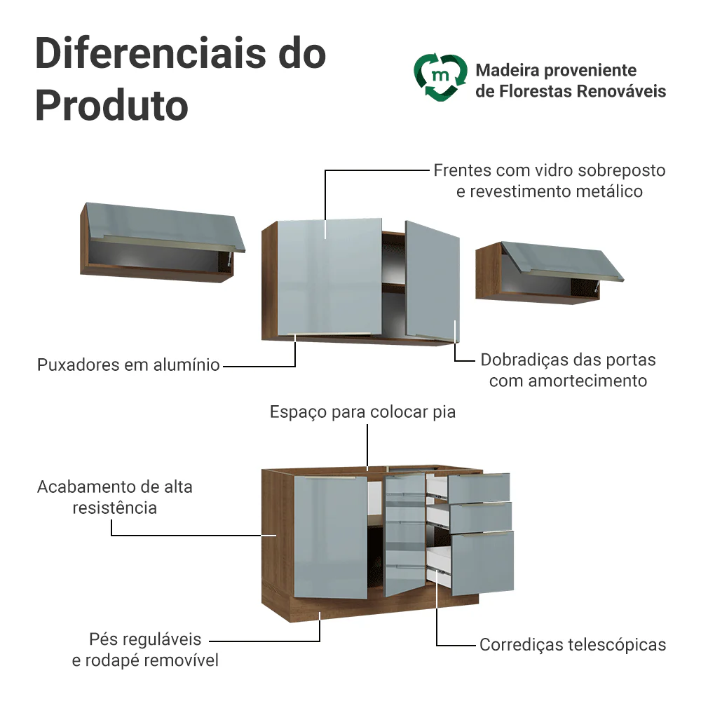 Armário de Cozinha Completa 280 cm Rustic/Cinza Lux Madesa 01 - Image 4