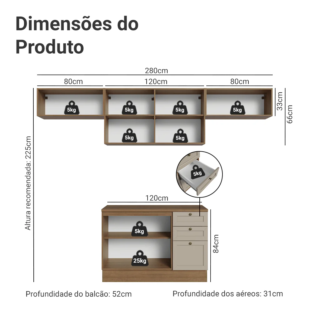 Armário de Cozinha Completa 280 cm Rustic/Crema Vik Madesa 01 - Image 3