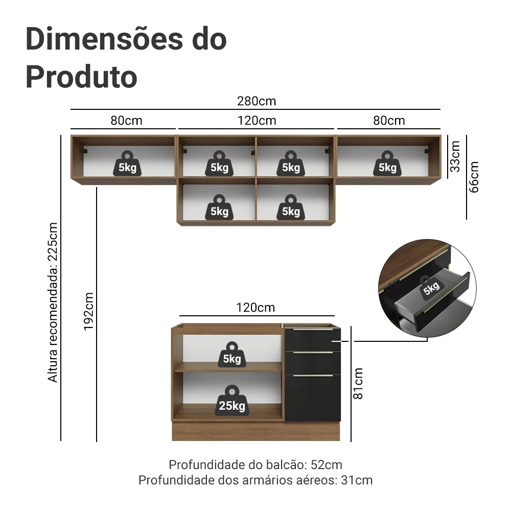 Armário de Cozinha Completa 280 cm Rustic/Preto Lux Madesa 01 - Image 3