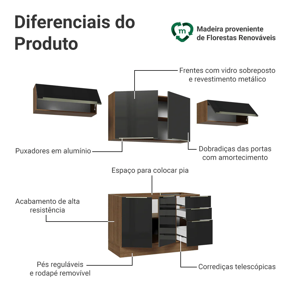 Armário de Cozinha Completa 280 cm Rustic/Preto Lux Madesa 01 - Image 4