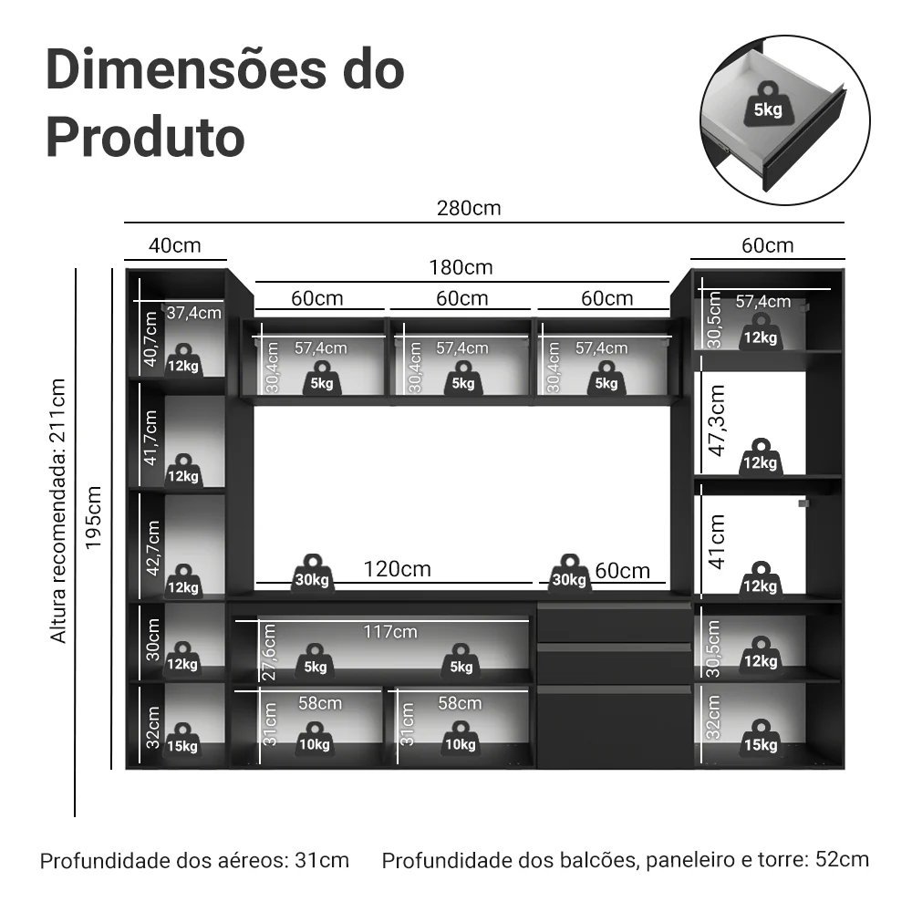 Armário de Cozinha Completa 280 cm Suspenso Preto Nice Madesa 06 - Image 3