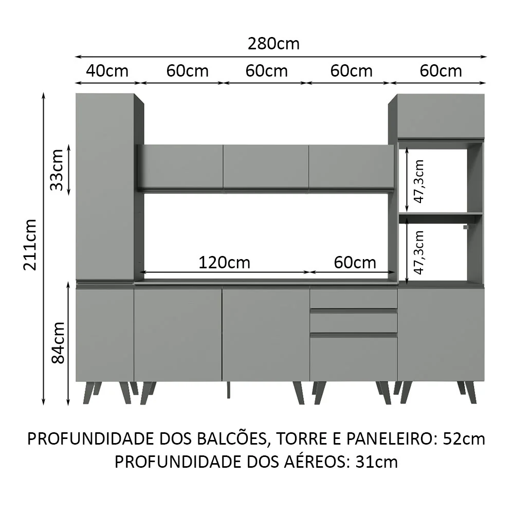 Armário de Cozinha Completa 280cm Cinza Nice Madesa 01 - Image 3