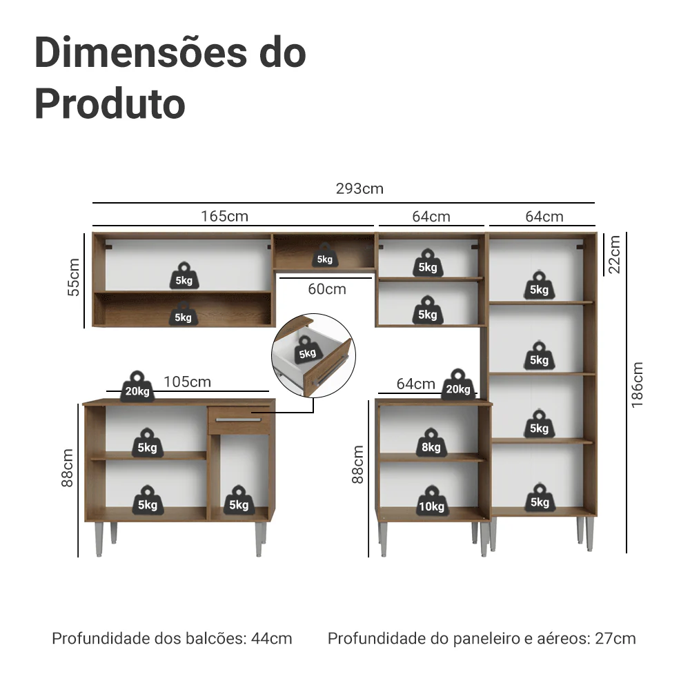 Armário de Cozinha Completa 293cm com Pia Rustic/Branco Emilly Madesa 09 - Image 3