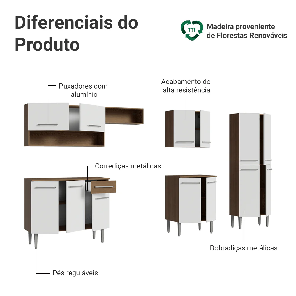 Armário de Cozinha Completa 293cm com Pia Rustic/Branco Emilly Madesa 09 - Image 4