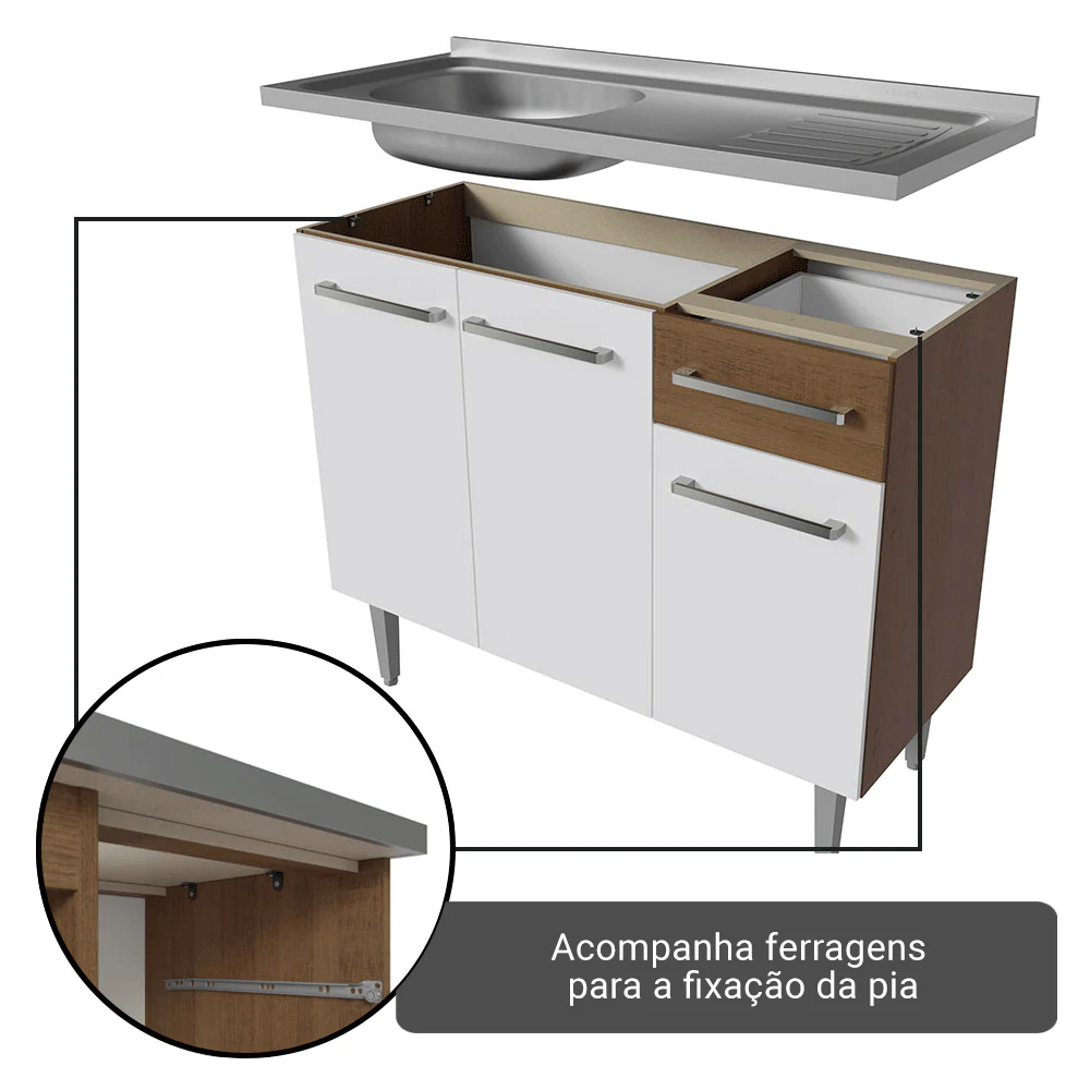 Armário de Cozinha Completa 293cm com Pia Rustic/Branco Emilly Madesa 09 - Image 8