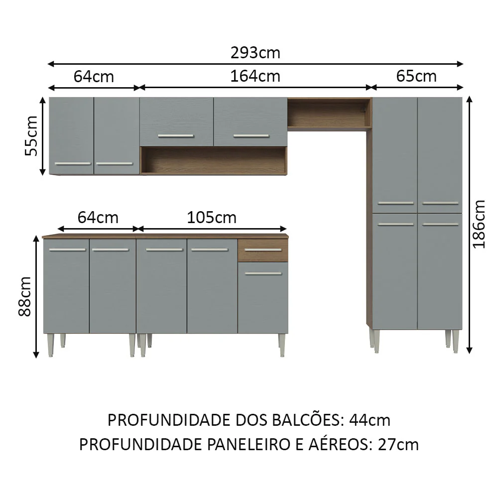 Armário de Cozinha Completa 293cm Rustic/Cinza Emilly Madesa 01 - Image 3