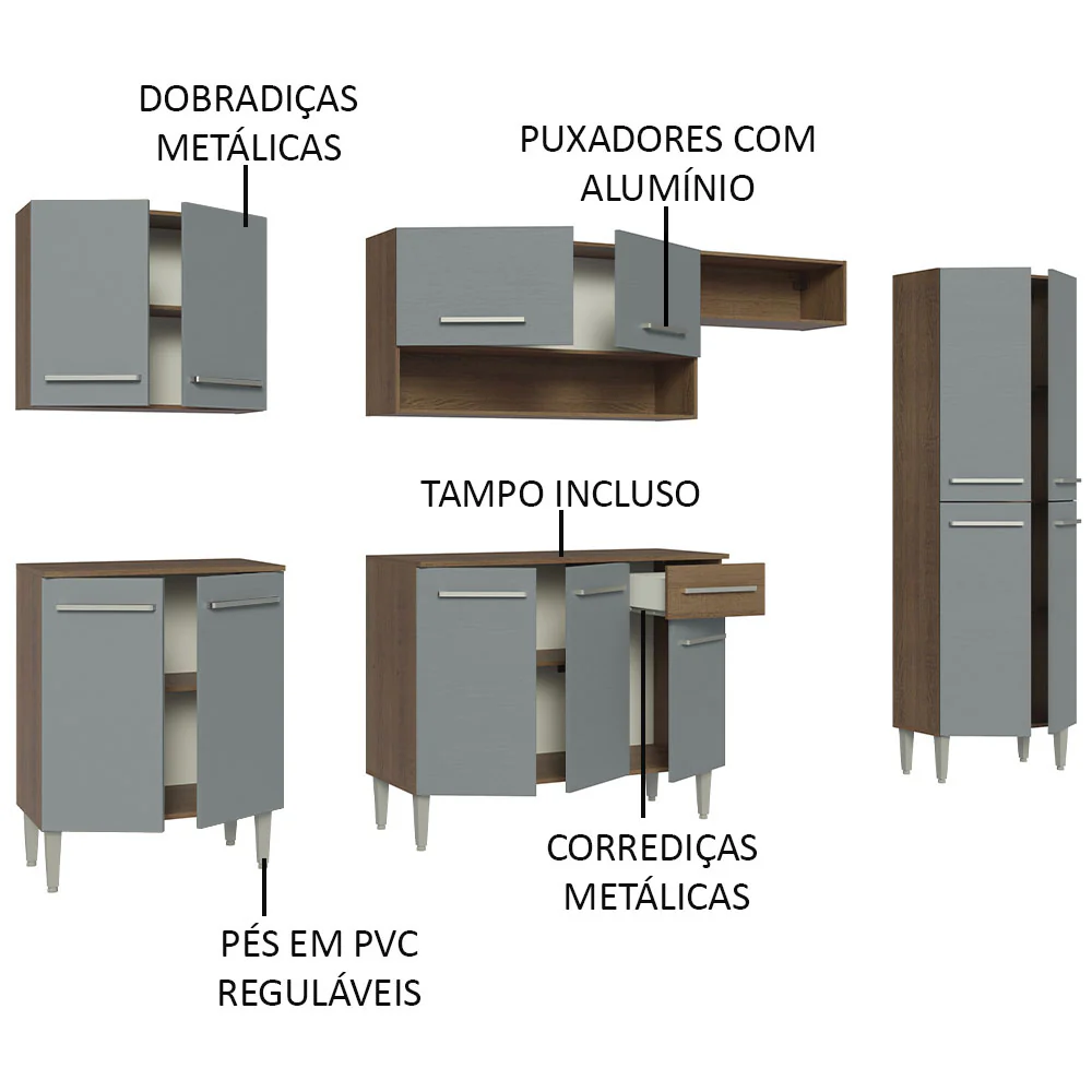 Armário de Cozinha Completa 293cm Rustic/Cinza Emilly Madesa 01 - Image 4