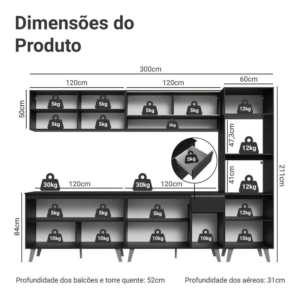 Armário de Cozinha Completa 300 cm Preto Nice Madesa 02 - Image 3