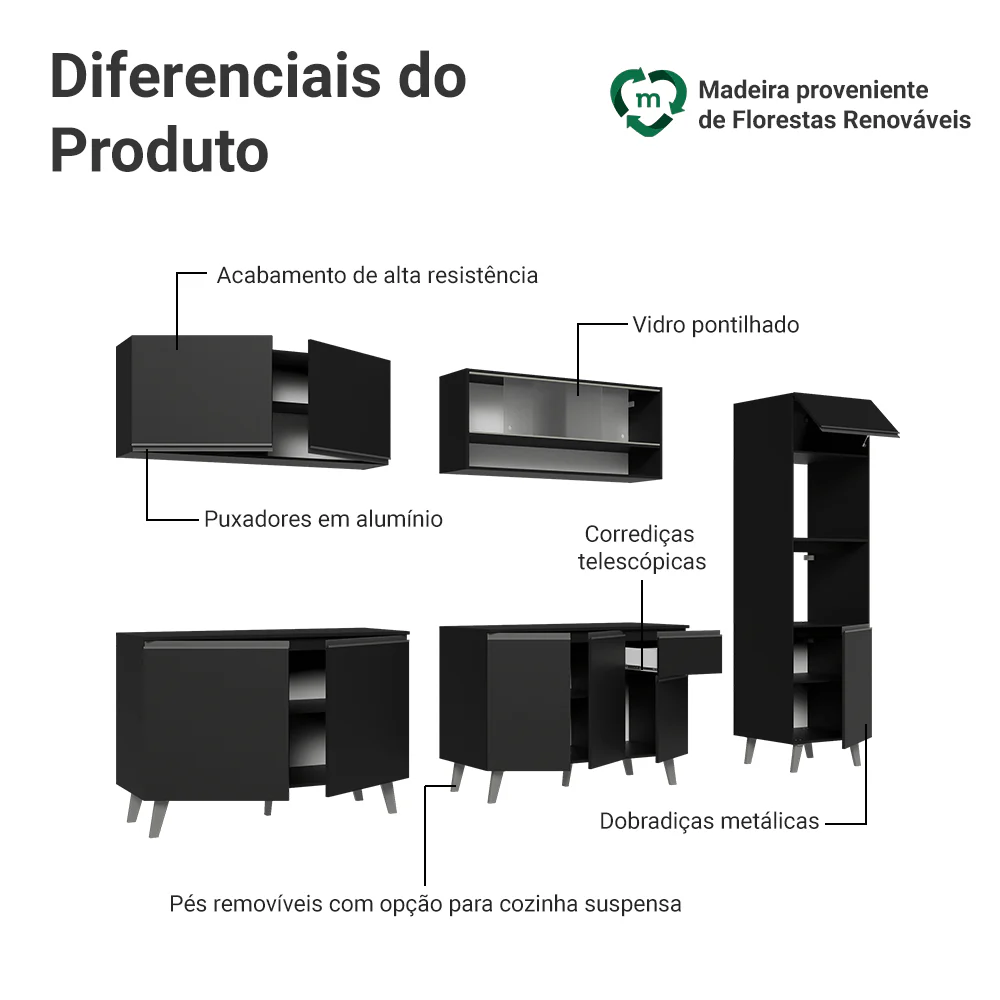 Armário de Cozinha Completa 300 cm Preto Nice Madesa 02 - Image 4