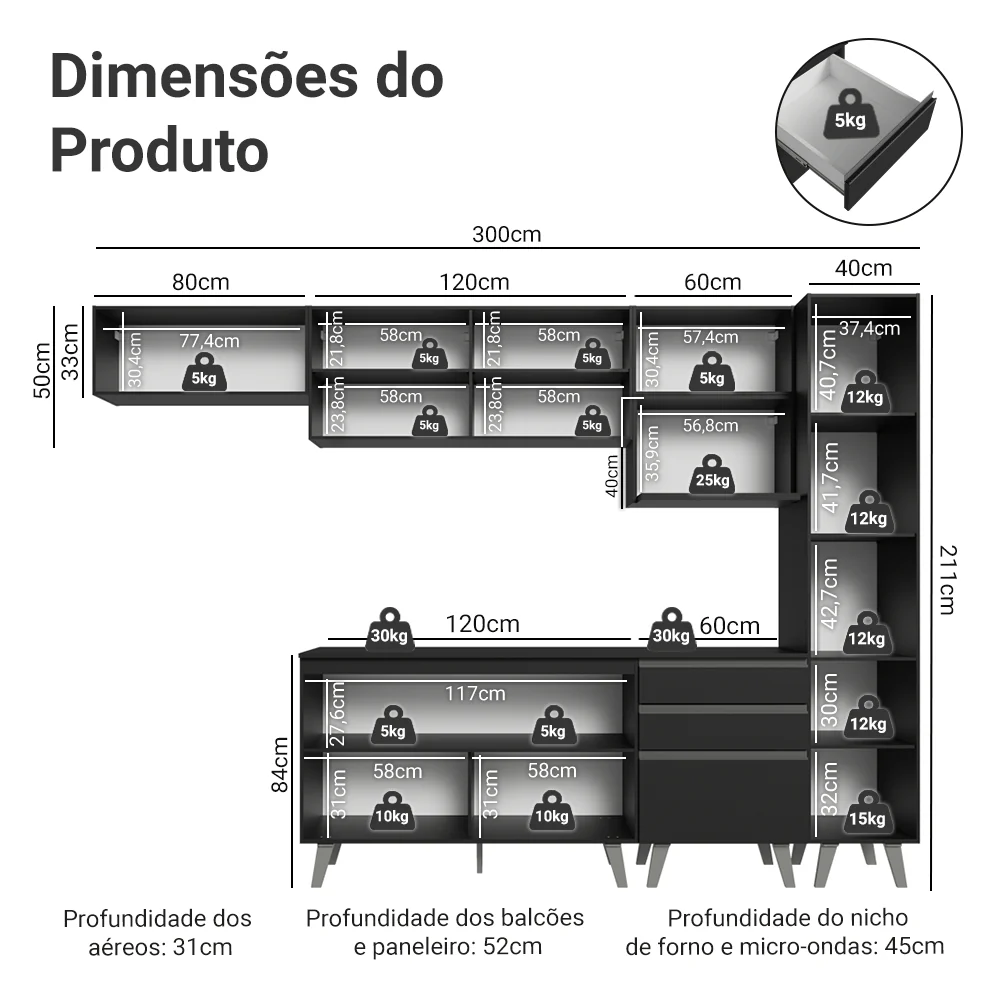 Armário de Cozinha Completa 300 cm Preto Nice Madesa 05 - Image 3