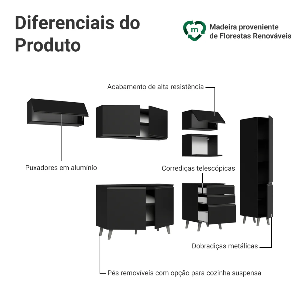 Armário de Cozinha Completa 300 cm Preto Nice Madesa 05 - Image 4