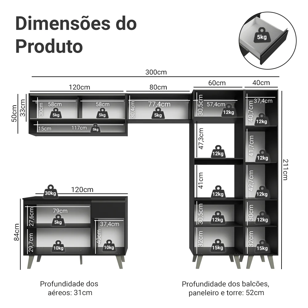 Armário de Cozinha Completa 300 cm Preto Nice Madesa 08 - Image 3