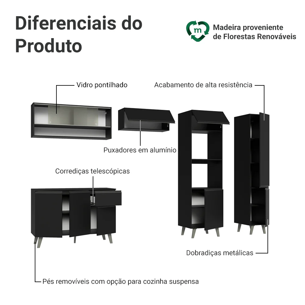 Armário de Cozinha Completa 300 cm Preto Nice Madesa 08 - Image 4