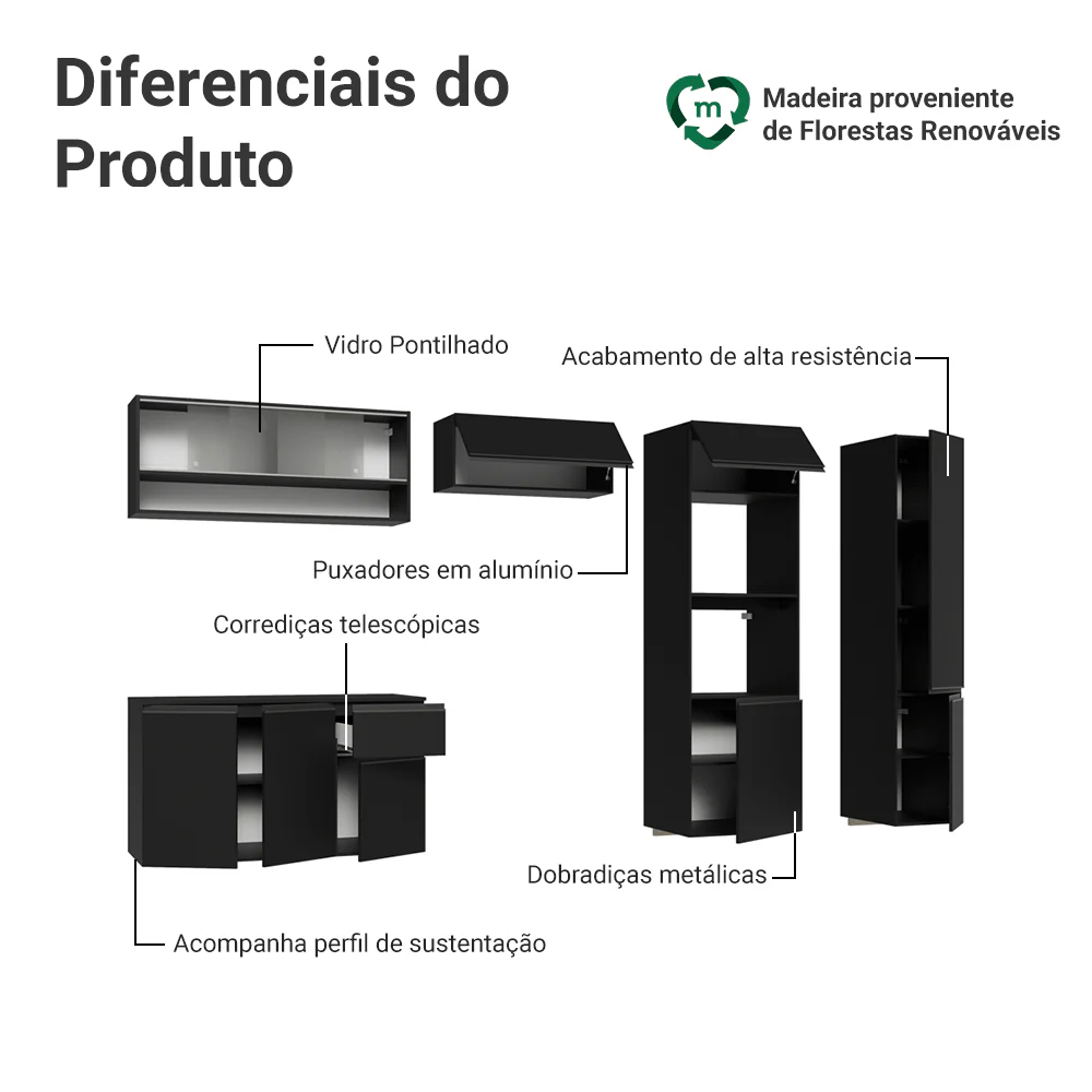 Armário de Cozinha Completa 300 cm Suspenso Preto Nice Madesa 06 - Image 4