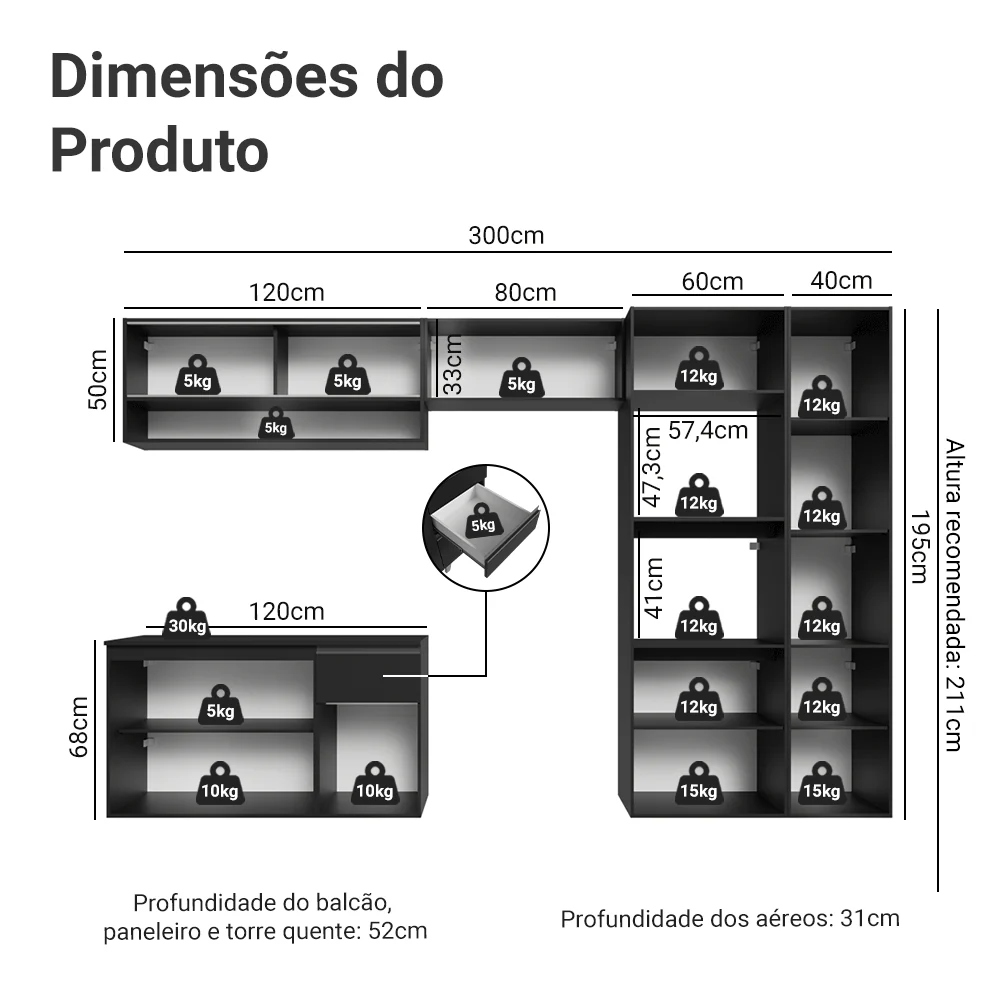 Armário de Cozinha Completa 300 cm Suspenso Preto Nice Madesa 07 - Image 3