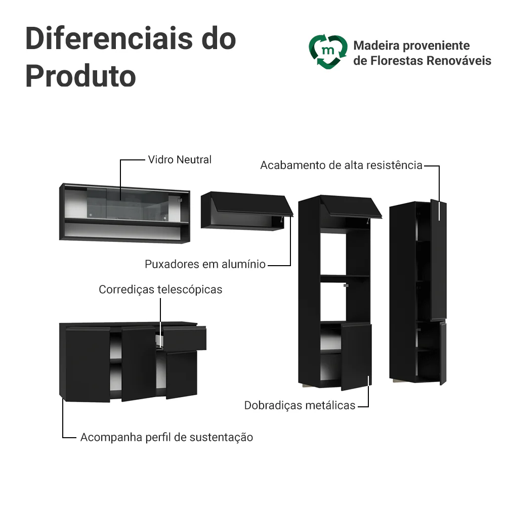 Armário de Cozinha Completa 300 cm Suspenso Preto Nice Madesa 07 - Image 4