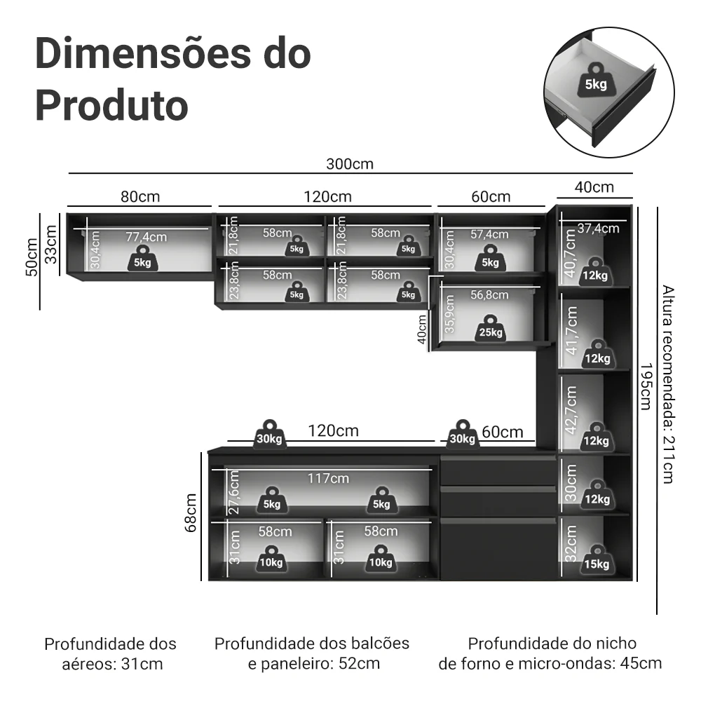 Armário de Cozinha Completa 300 cm Suspenso Preto Nice Madesa 10 - Image 3