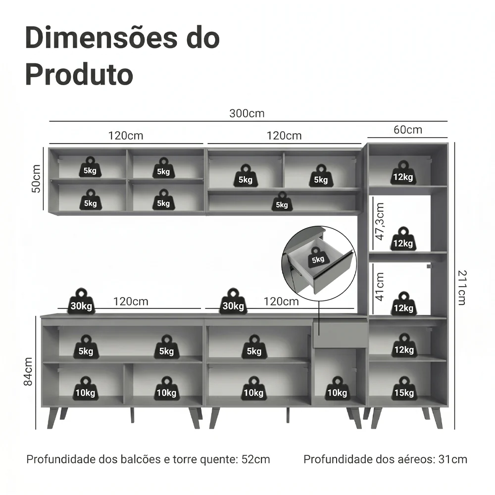 Armário de Cozinha Completa 300cm Cinza Nice Madesa 01 - Image 3