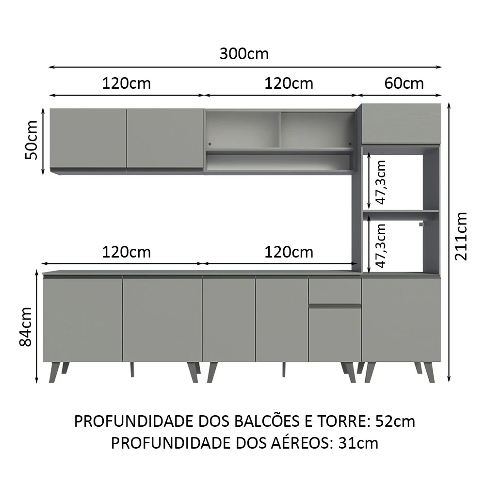 Armário de Cozinha Completa 300cm Cinza Nice Madesa 02 - Image 3
