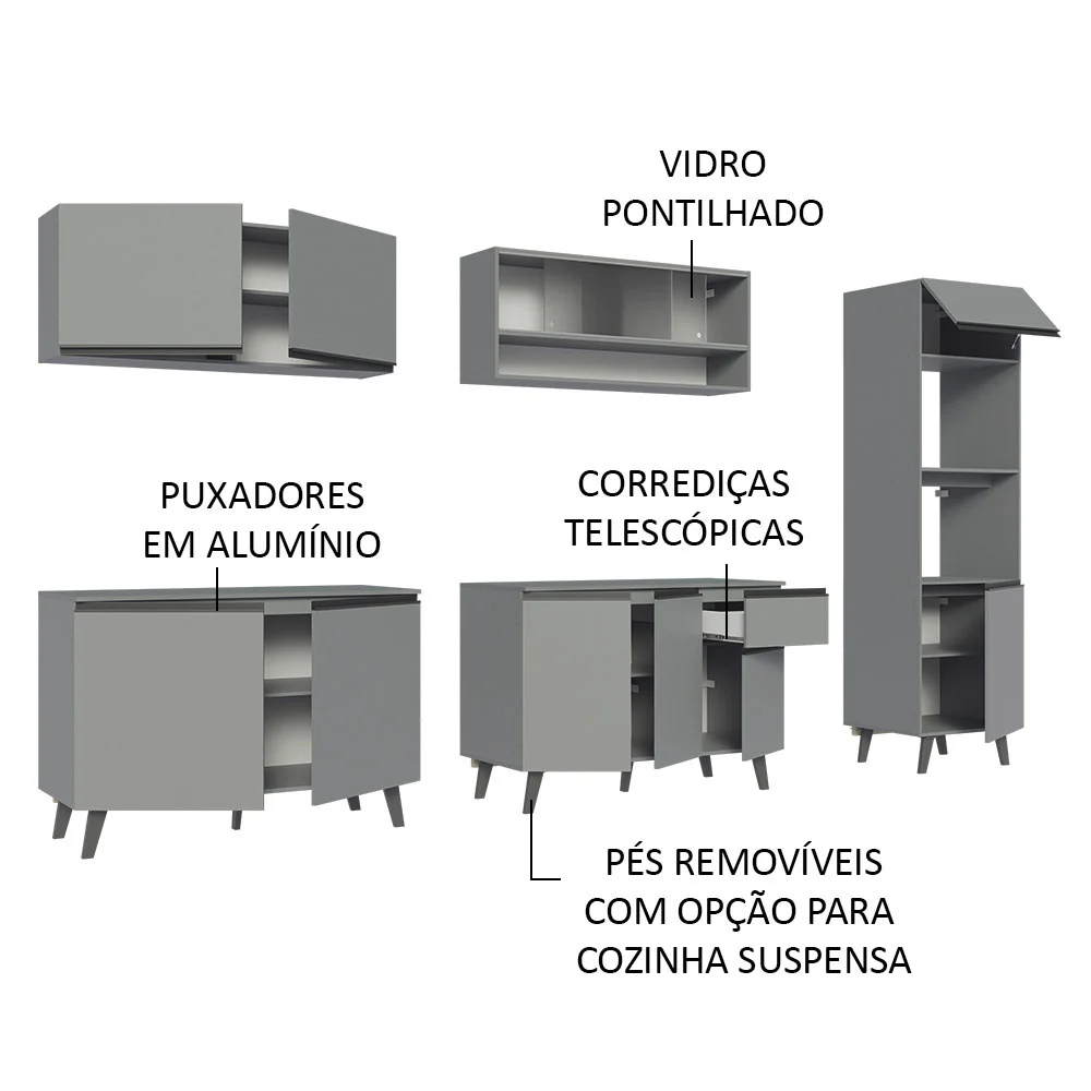 Armário de Cozinha Completa 300cm Cinza Nice Madesa 02 - Image 4