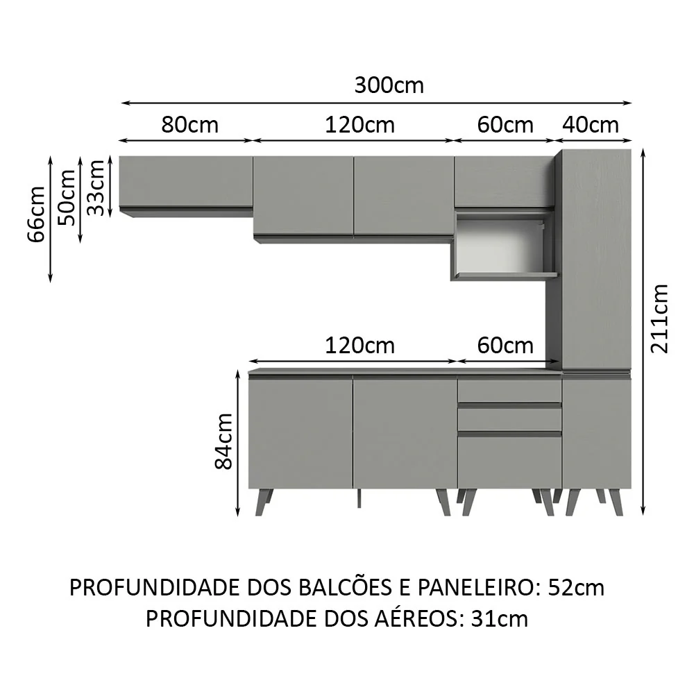 Armário de Cozinha Completa 300cm Cinza Nice Madesa 05 - Image 3