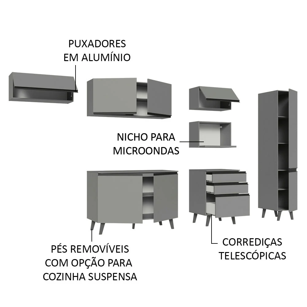 Armário de Cozinha Completa 300cm Cinza Nice Madesa 05 - Image 4