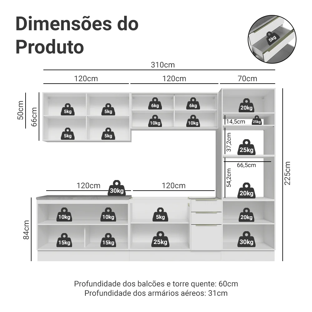 Armário de Cozinha Completa 310 x 60 cm Branco/Branco Veludo Lux Madesa 04 - Image 3