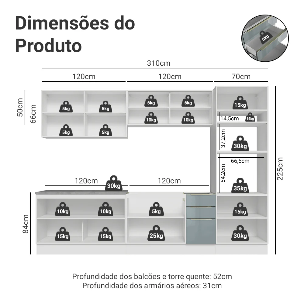 Armário de Cozinha Completa 310 cm Branco/Cinza Lux Madesa 03 - Image 3