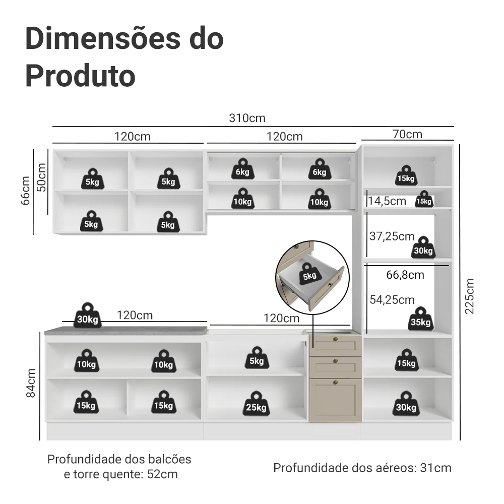 Armário de Cozinha Completa 310 cm Branco/Crema Vik Madesa 01 - Image 3