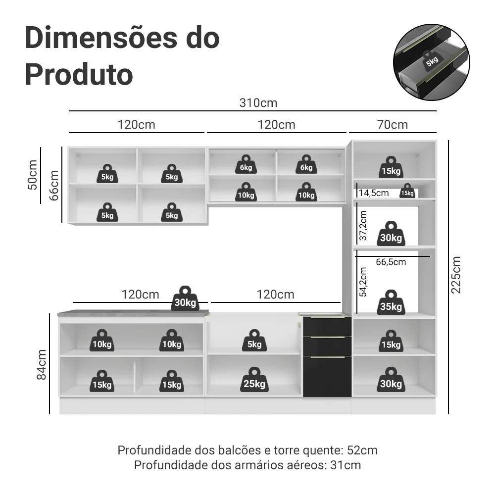 Armário de Cozinha Completa 310 cm Branco/Preto Lux Madesa 03 - Image 3