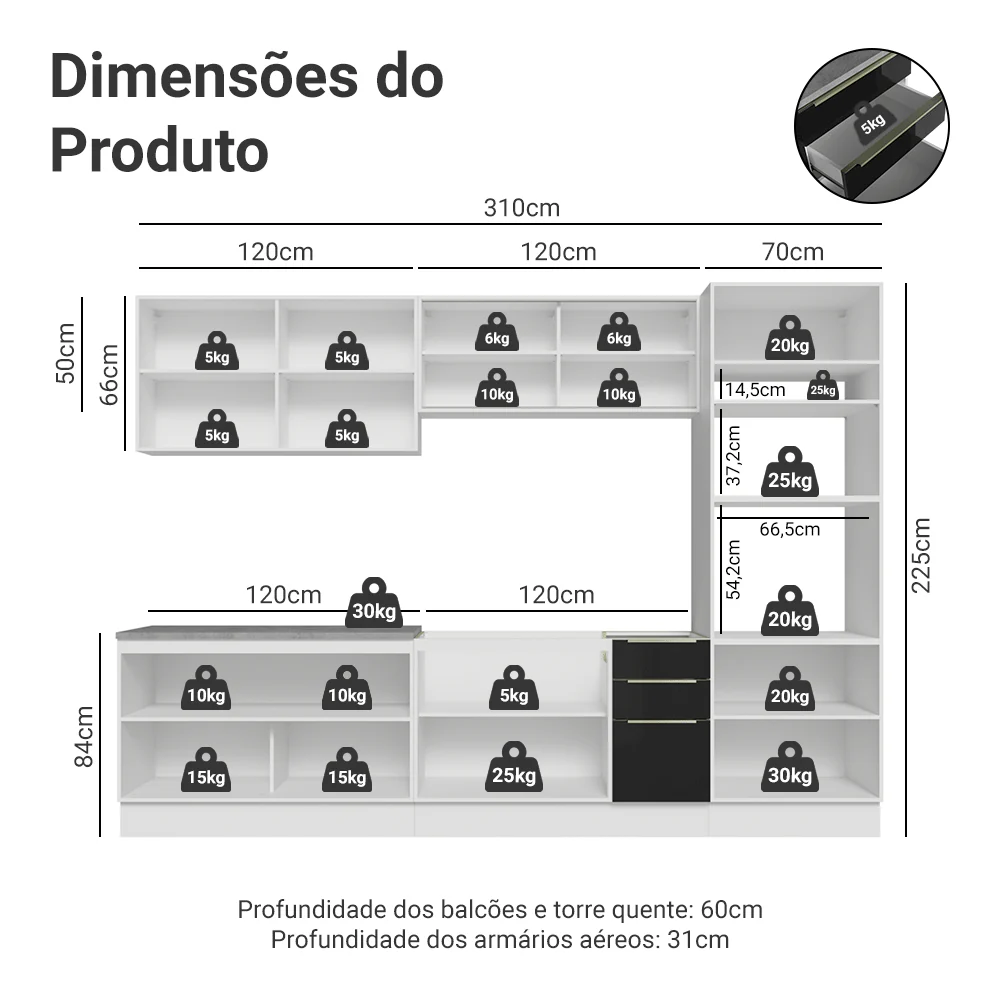 Armário de Cozinha Completa 310 x 60 cm Branco/Preto Lux Madesa 04 - Image 3