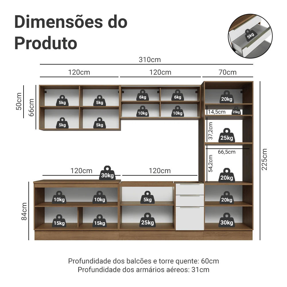 Armário de Cozinha Completa 310 x 60 cm Rustic/Branco Veludo Lux Madesa 04 - Image 3