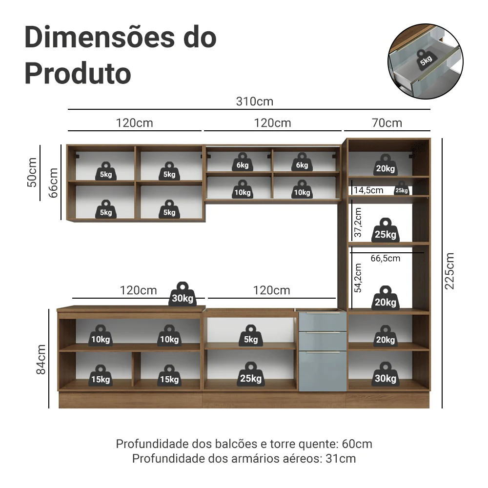 Armário de Cozinha Completa 310 x 60 cm Rustic/Cinza Lux Madesa 04 - Image 3