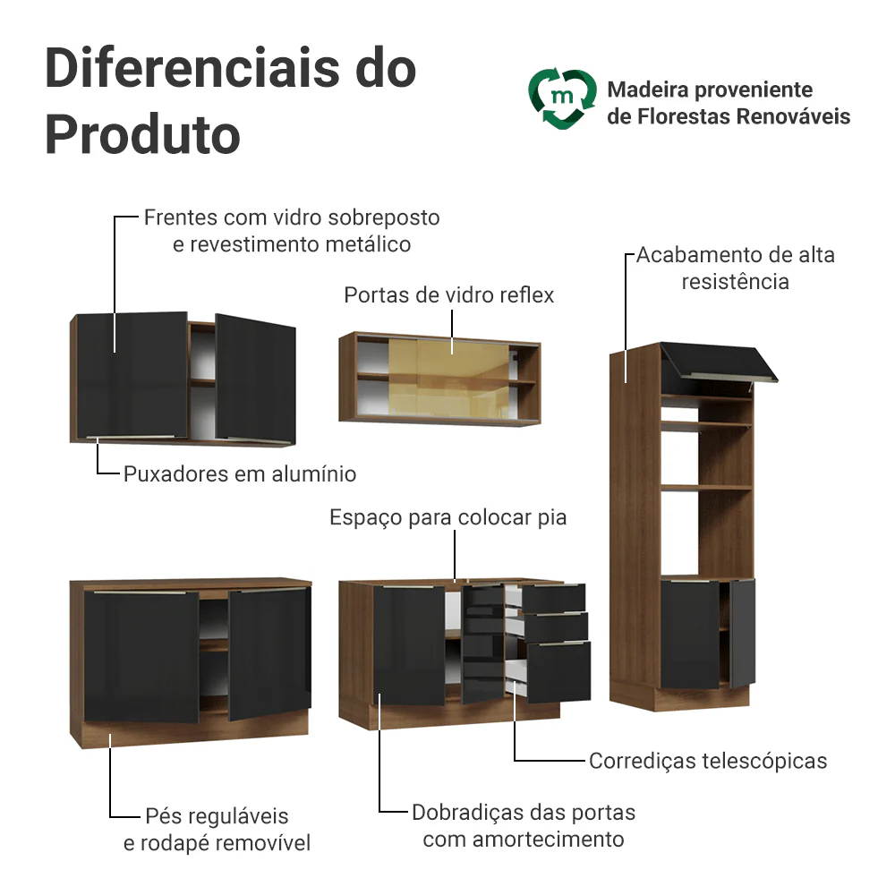 Armário de Cozinha Completa 310 cm Rustic/Preto Lux Madesa 03 - Image 4