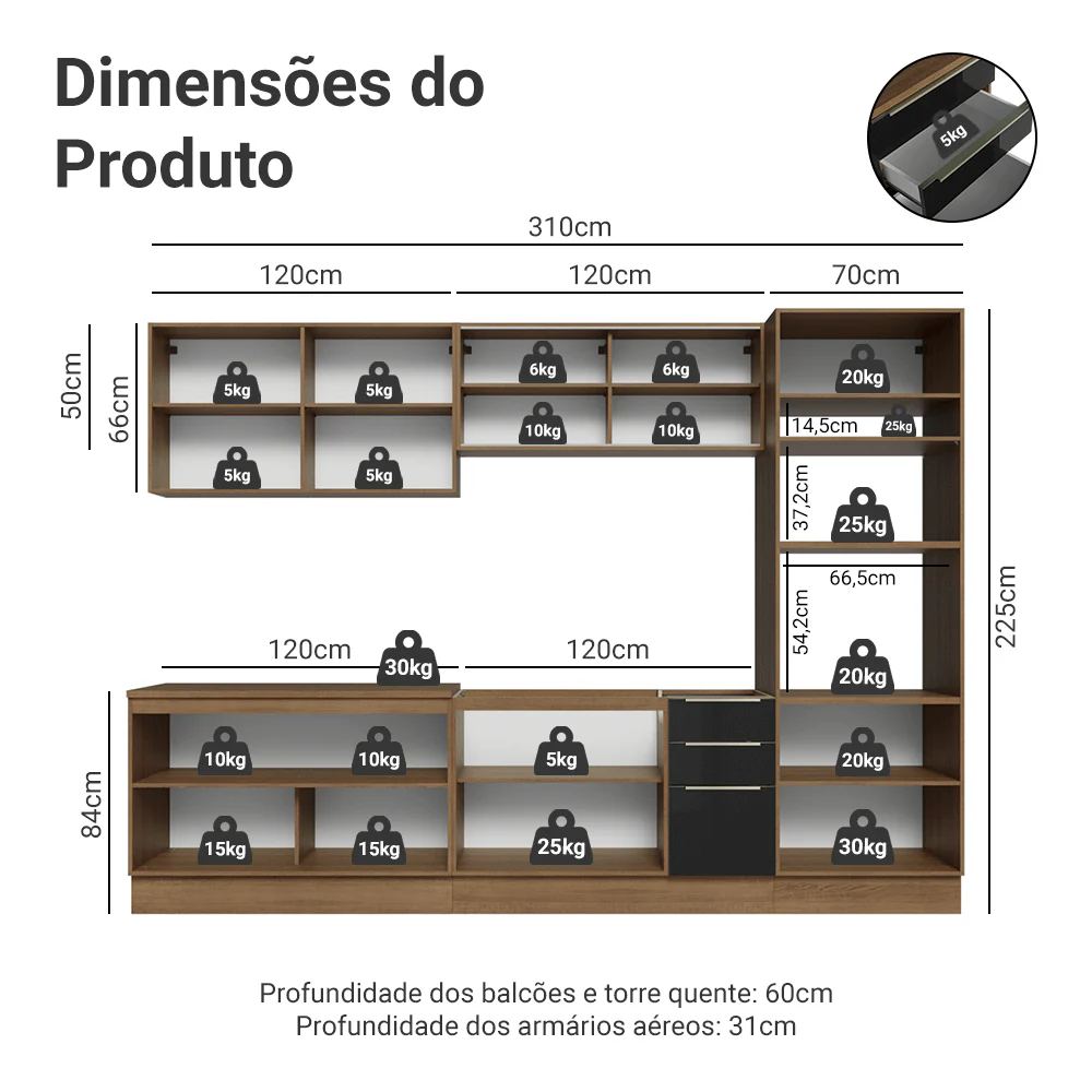 Armário de Cozinha Completa 310 x 60 cm Rustic/Preto Lux Madesa 04 - Image 3
