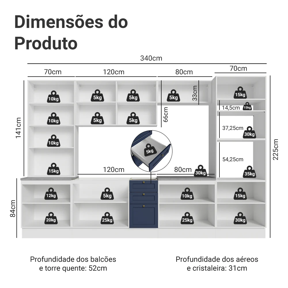 Armário de Cozinha Completa 340 cm Branco/Azul Vik Madesa 01 - Image 3