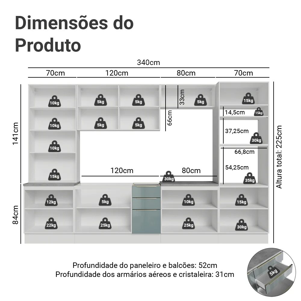Armário de Cozinha Completa 340 cm Branco/Cinza Lux Madesa 03 - Image 3