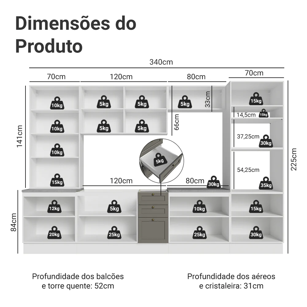 Armário de Cozinha Completa 340 cm Branco/Cinza Vik Madesa 01 - Image 3