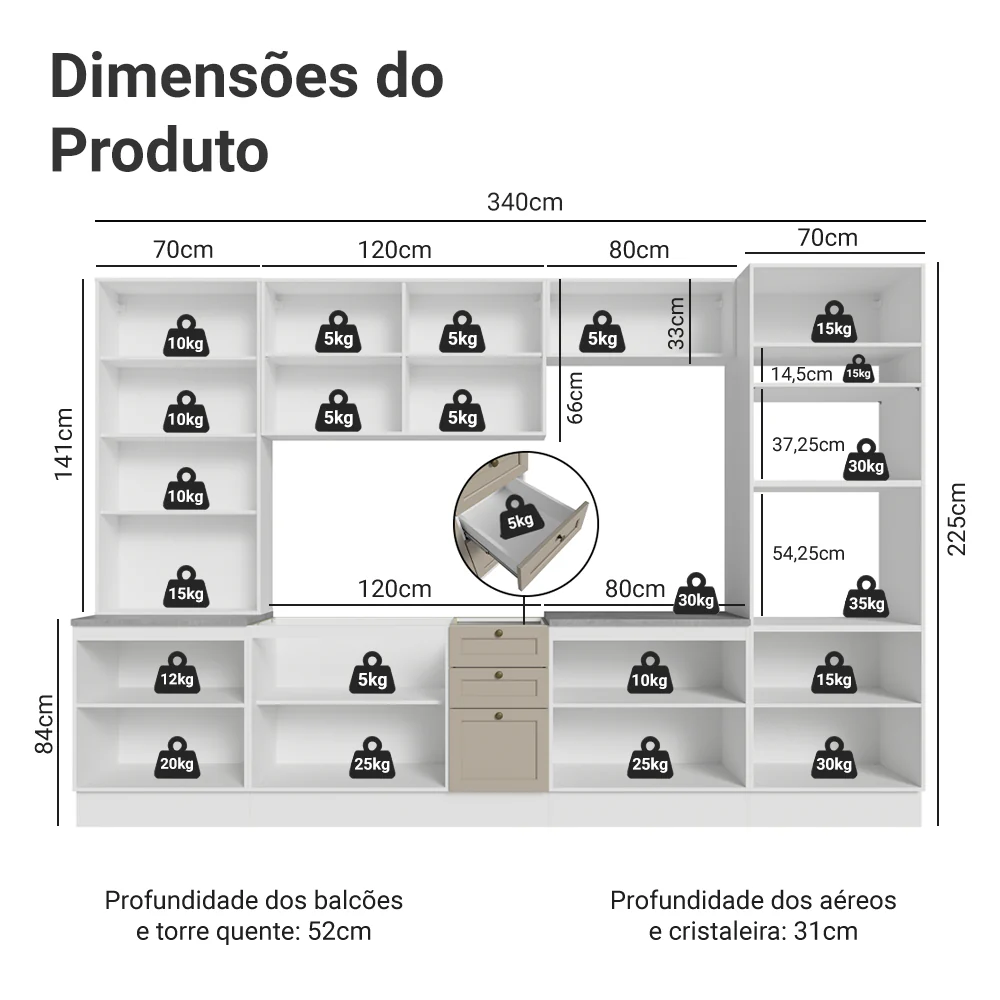 Armário de Cozinha Completa 340 cm Branco/Crema Vik Madesa 01 - Image 3