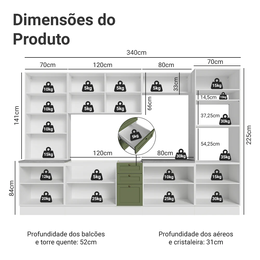 Armário de Cozinha Completa 340 cm Branco/Verde Vik Madesa 01 - Image 3