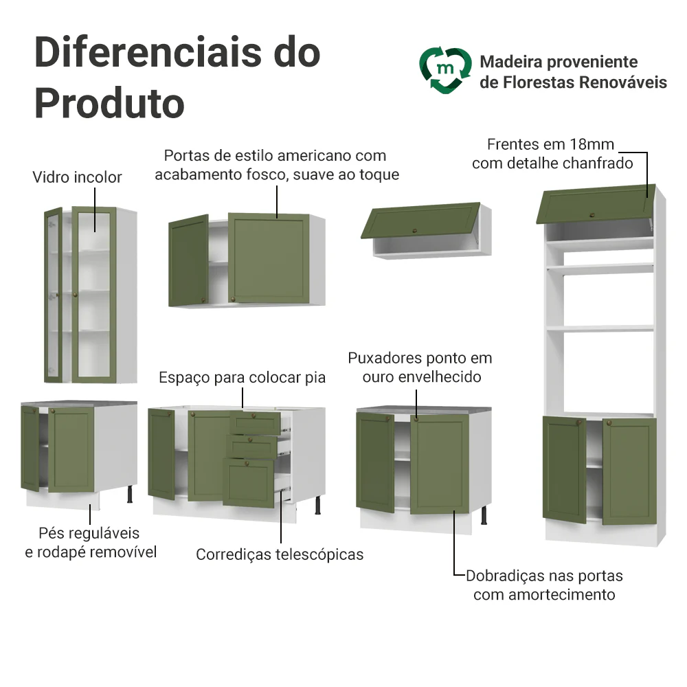 Armário de Cozinha Completa 340 cm Branco/Verde Vik Madesa 01 - Image 4