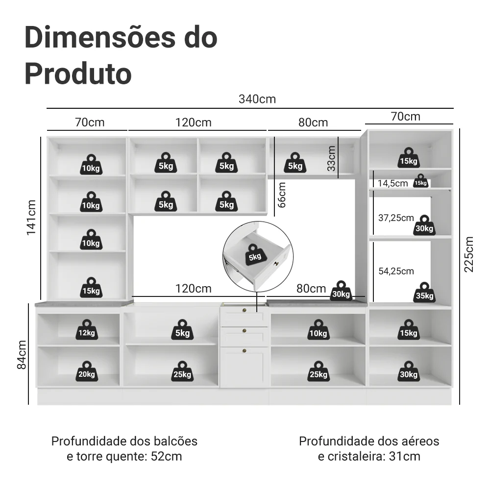 Armário de Cozinha Completa 340 cm Branco Vik Madesa 01 - Image 3