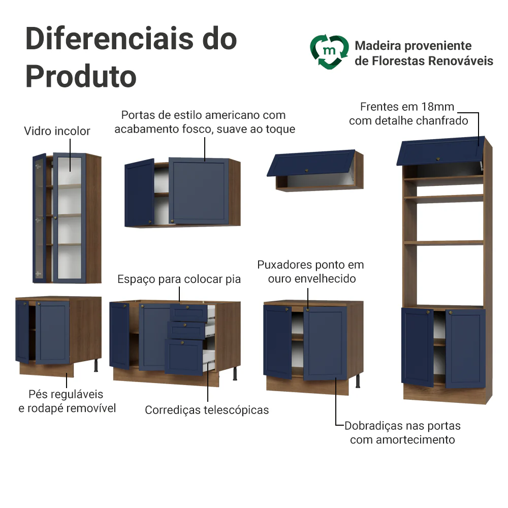 Armário de Cozinha Completa 340 cm Rustic/Azul Vik Madesa 01 - Image 4
