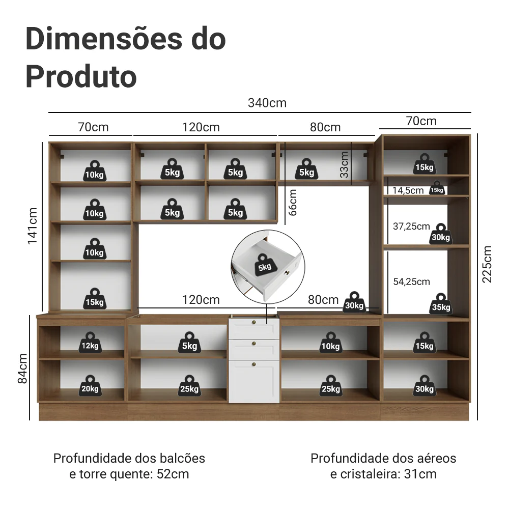 Armário de Cozinha Completa 340 cm Rustic/Branco Vik Madesa 01 - Image 3