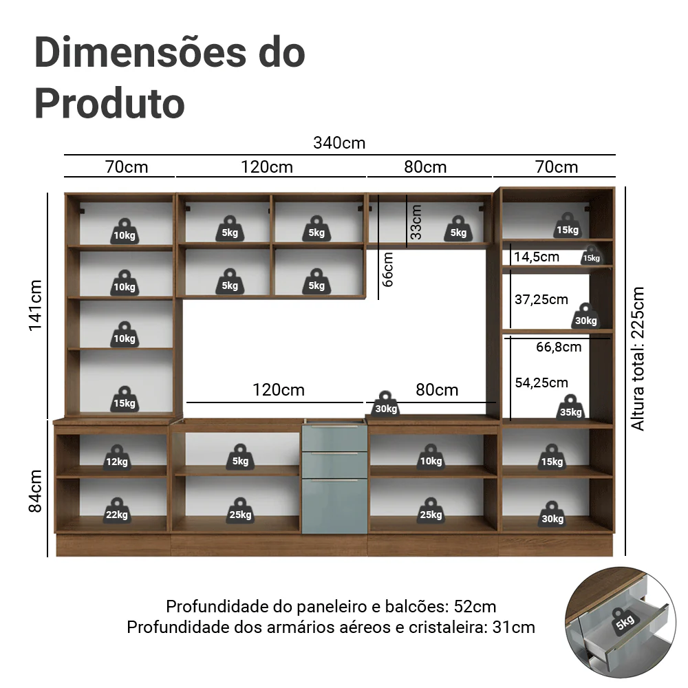 Armário de Cozinha Completa 340 cm Rustic/Cinza Lux Madesa 03 - Image 3
