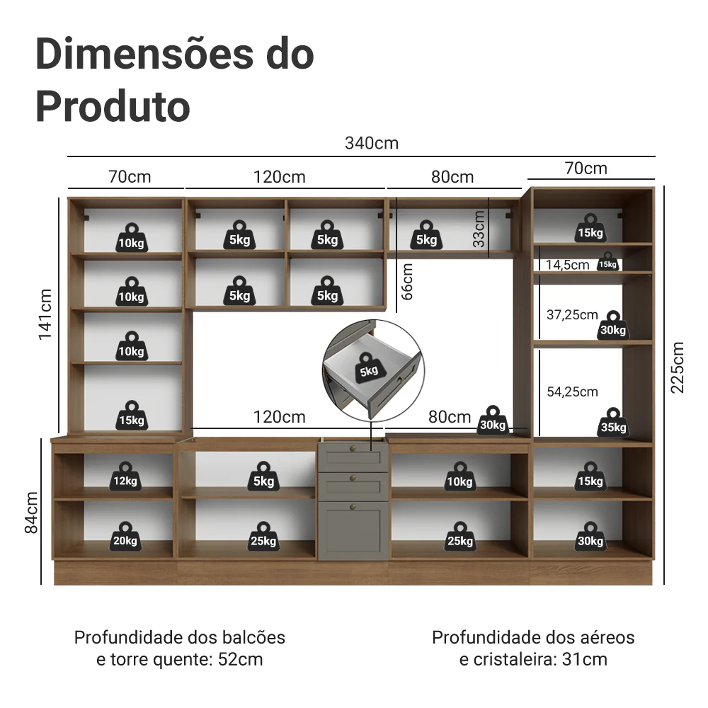 Armário de Cozinha Completa 340 cm Rustic/Cinza Vik Madesa 01 - Image 3