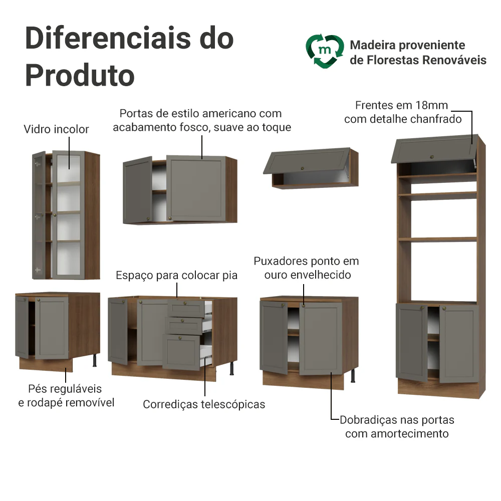 Armário de Cozinha Completa 340 cm Rustic/Cinza Vik Madesa 01 - Image 4
