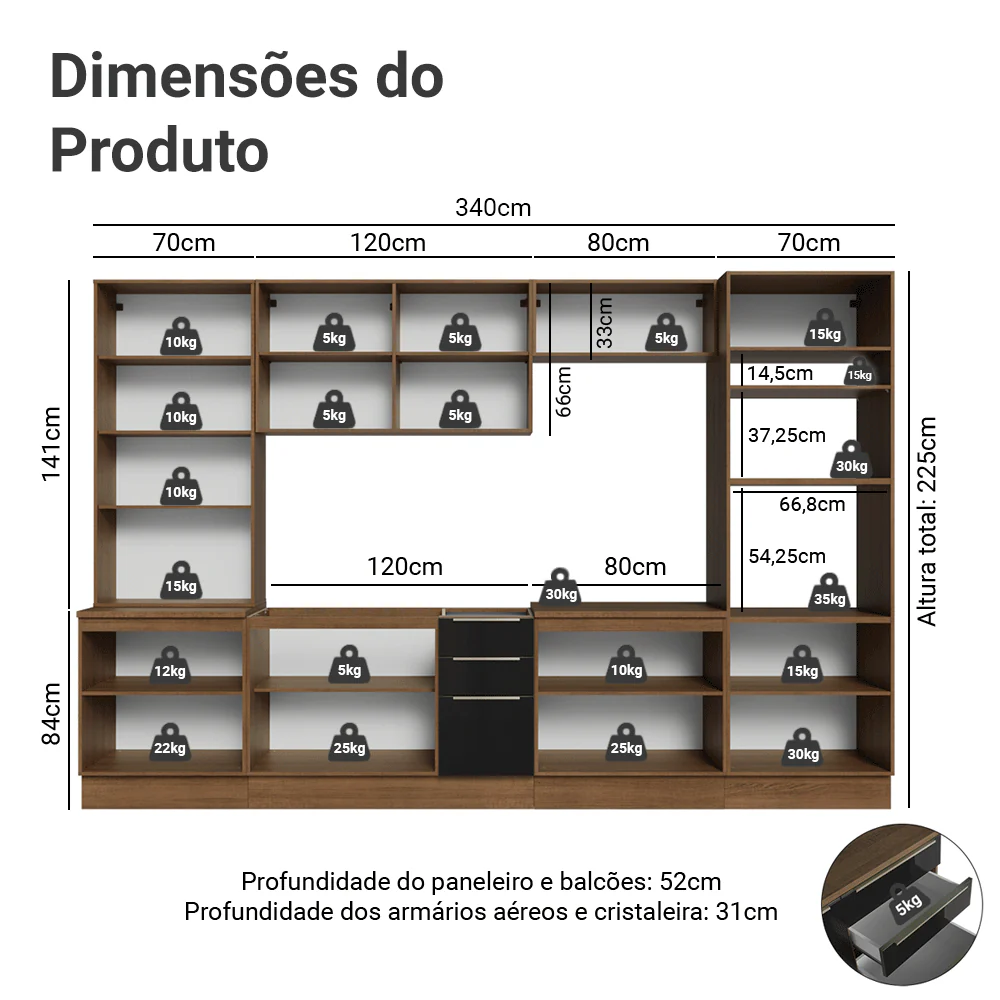 Armário de Cozinha Completa 340 cm Rustic/Preto Lux Madesa 03 - Image 3
