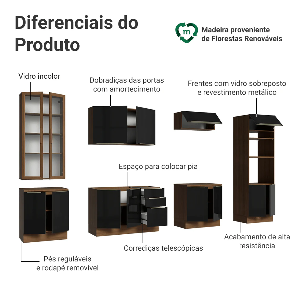 Armário de Cozinha Completa 340 cm Rustic/Preto Lux Madesa 03 - Image 4