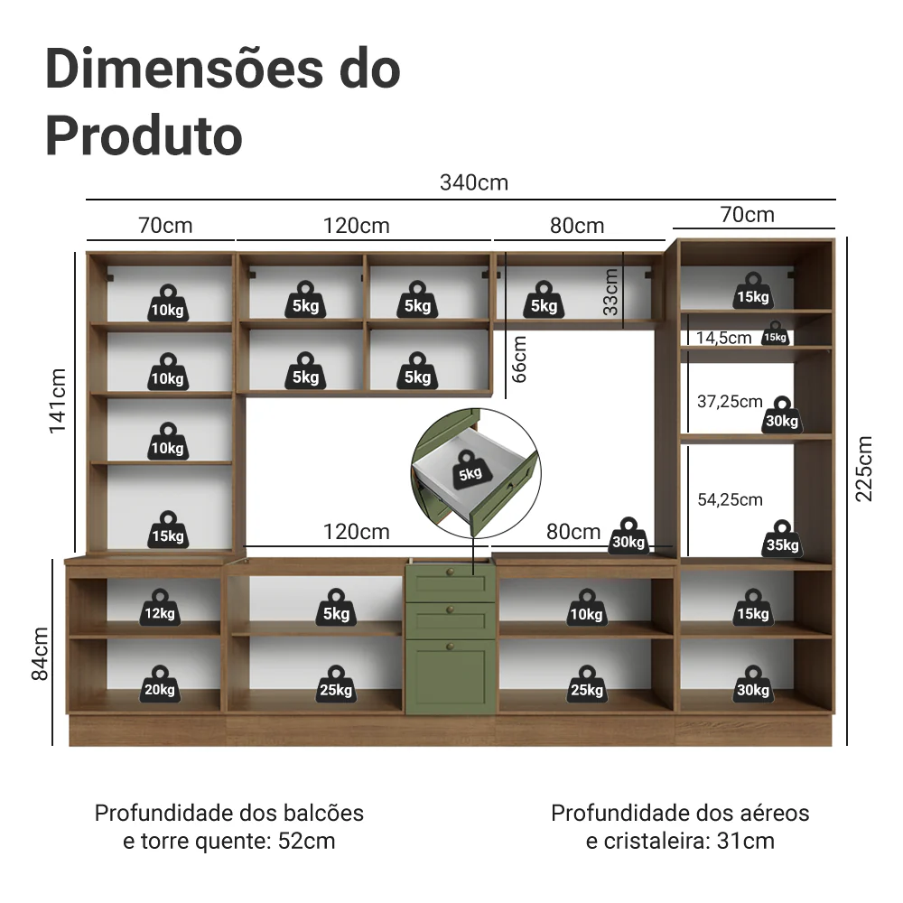 Armário de Cozinha Completa 340 cm Rustic/Verde Vik Madesa 01 - Image 3